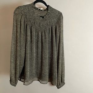 Ann Taylor LOFT smocked mock neck top. Size XL. Sheer black with tan dots.
